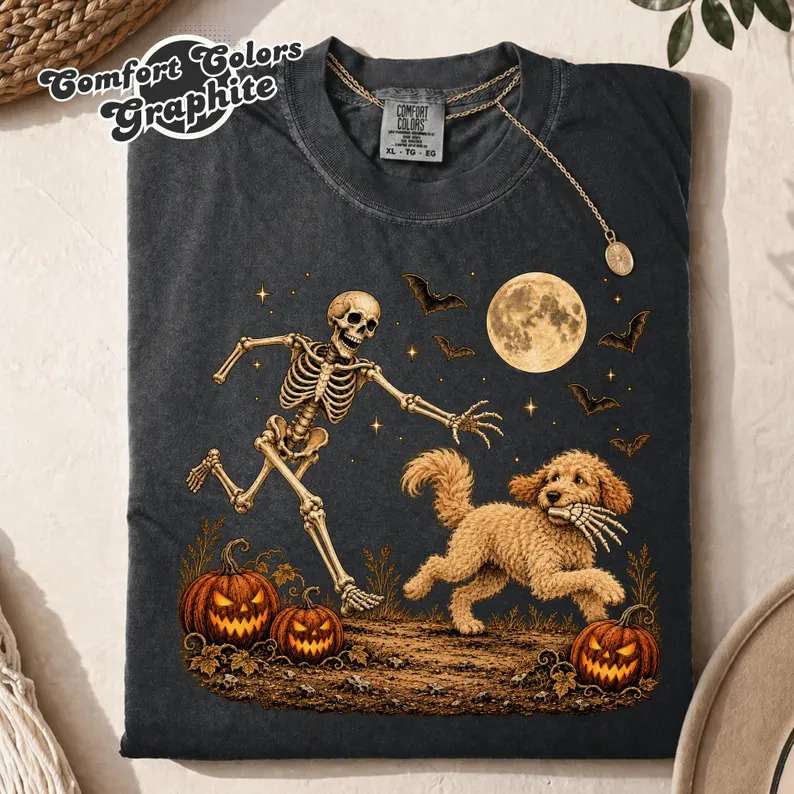 Comfort Colors Goldendoodle Halloween Shirt, Funny Skeleton Doodle Dog Tee