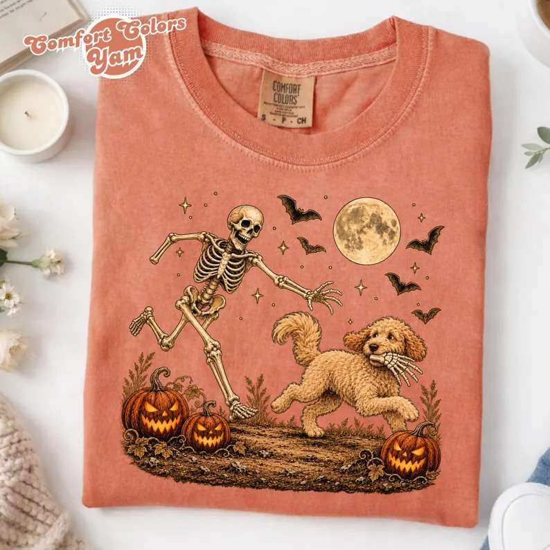 Comfort Colors Goldendoodle Halloween Shirt, Funny Skeleton Doodle Dog Tee