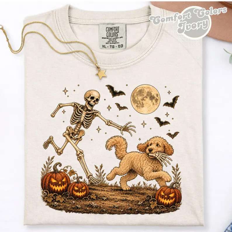 Comfort Colors Goldendoodle Halloween Shirt, Funny Skeleton Doodle Dog Tee