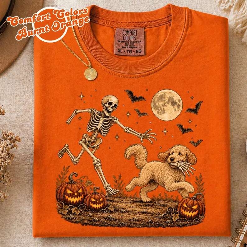 Comfort Colors Goldendoodle Halloween Shirt, Funny Skeleton Doodle Dog Tee